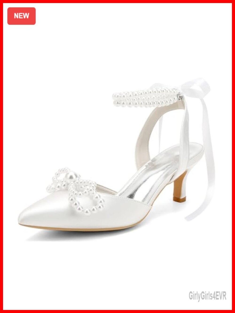 Satin Kitten Heels Pearl Ankle Strap Bow Slingback Bridal Pumps